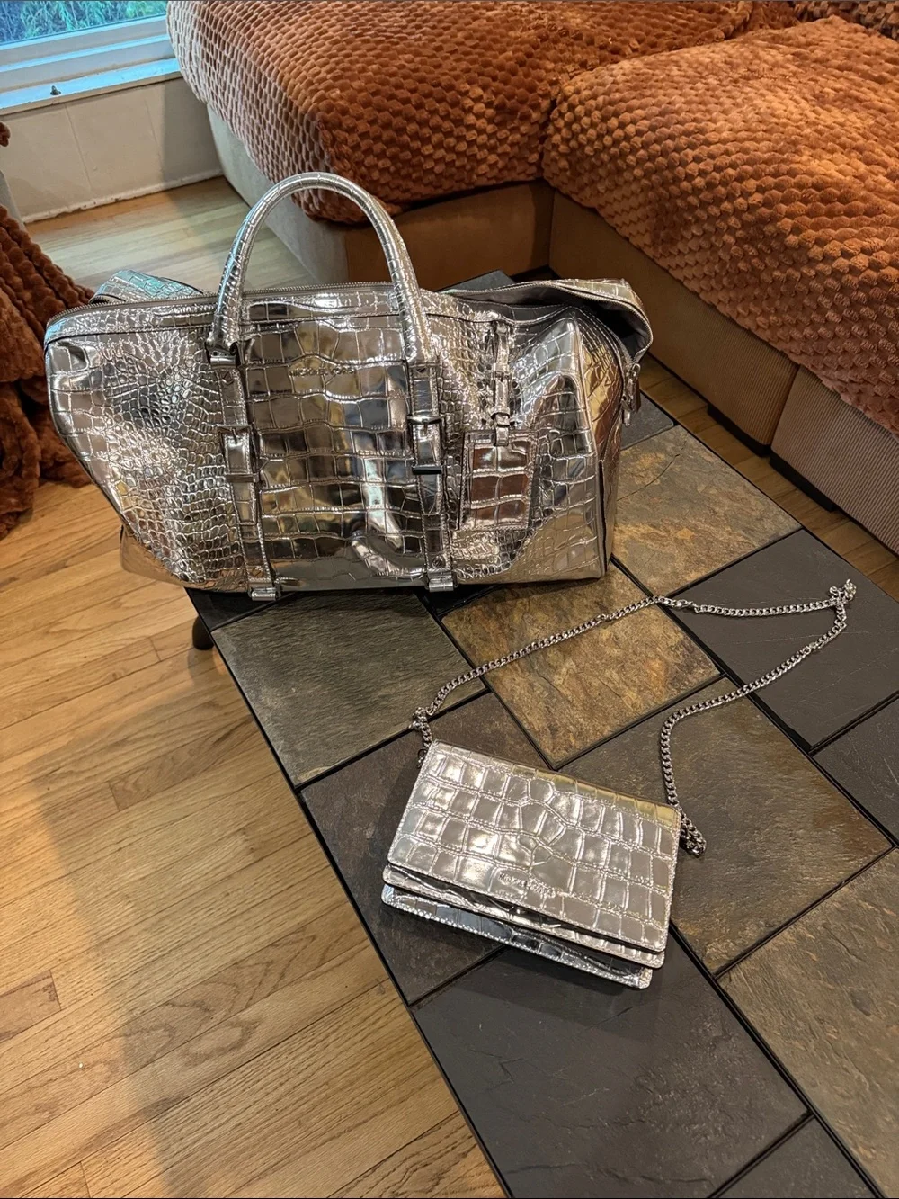 Michael Kors Silver Croc-Embossed Travel Duffel and Chain Crossbody